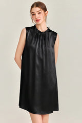Black Ruffle Neck Silk Sleeveless Dress
