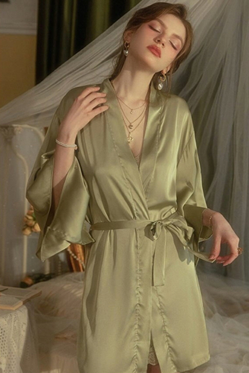 Olive V-Line Scallop Silk Slip & Robe Set