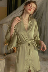 Olive V-Line Scallop Silk Slip & Robe Set