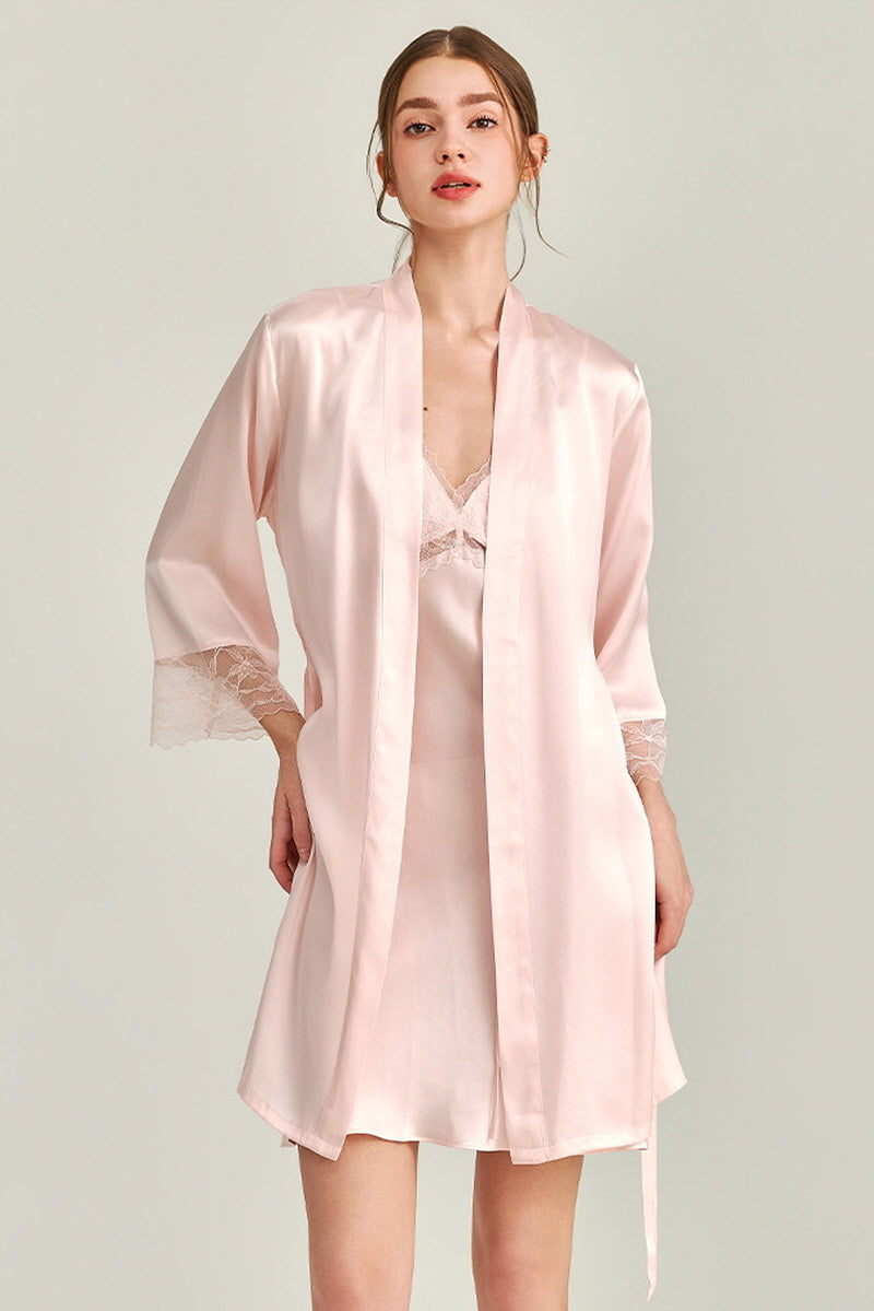 Pink Floral Lace-Trimmed Silk Slip & Robe Set