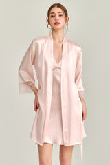 Pink Floral Lace-Trimmed Silk Slip & Robe Set