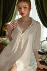 White Ribbon Cuff Silk Lace Sleep Shirt