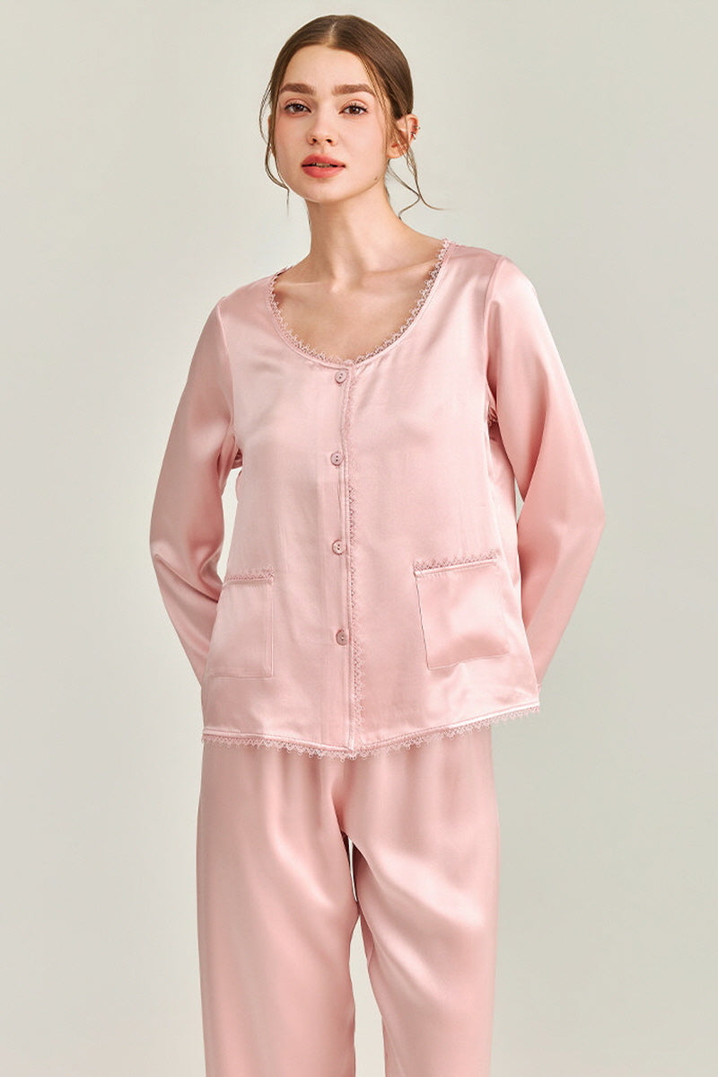 Pink Silk Lace Trim Button Pajama Set
