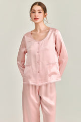 Pink Silk Lace Trim Button Pajama Set
