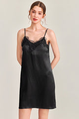 Black V-Neck Lace Detail Silk Nightdress