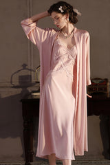Pink Cross Lace Silk Slip & Robe Set