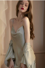 Green Fluid Cowl Silk Slip & Robe Set