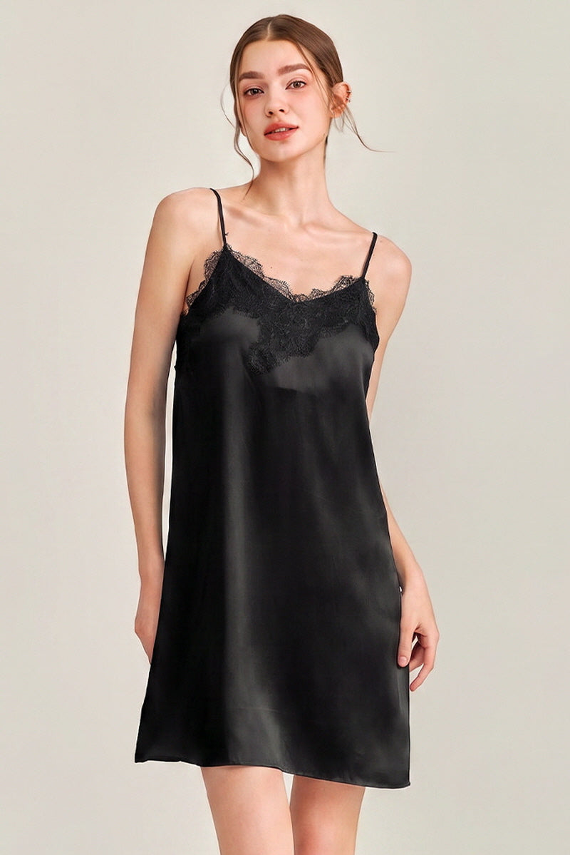Black V-Neck Lace Detail Silk Nightdress
