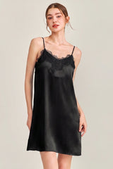 Black V-Neck Lace Detail Silk Nightdress