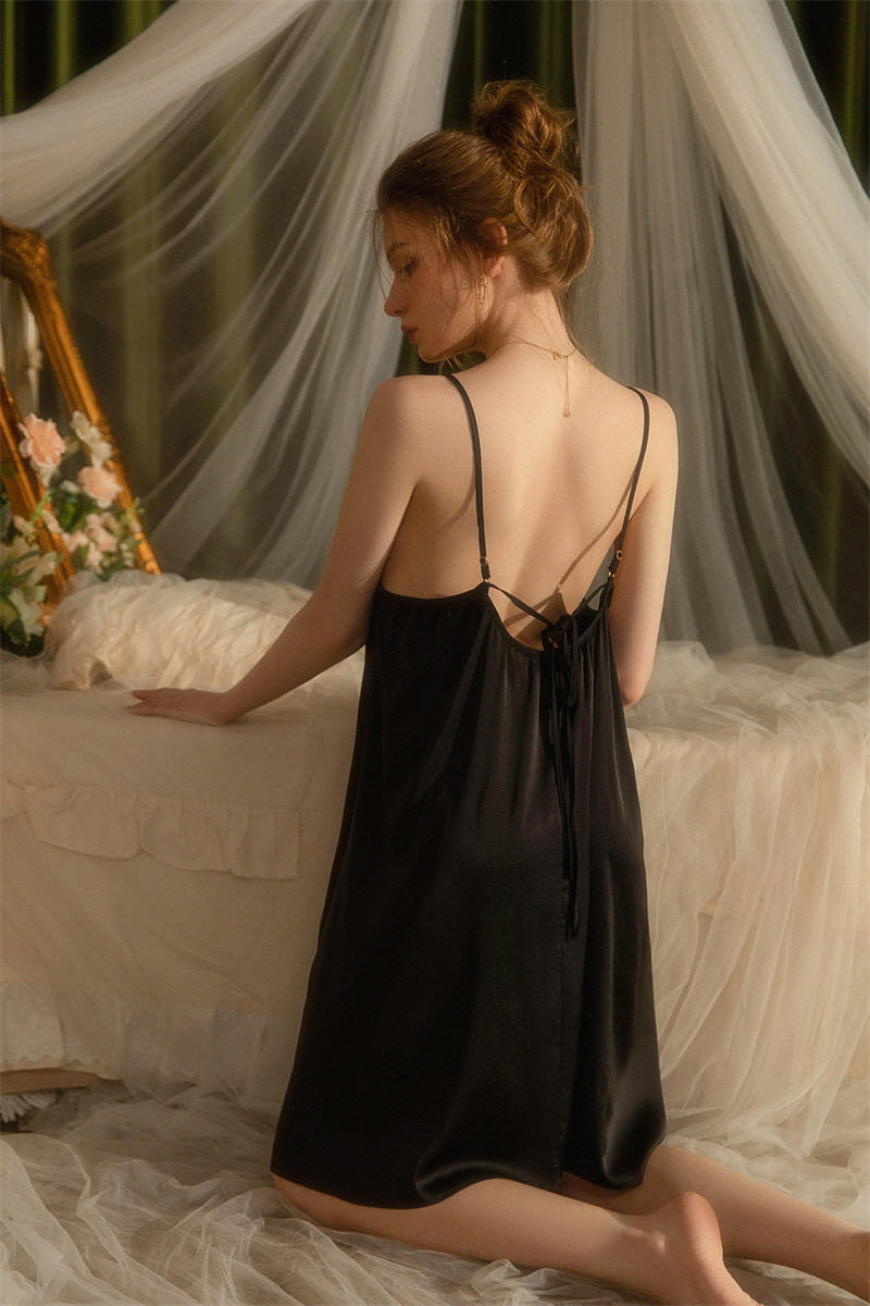 Black Shirred Backless Silk Nightdress