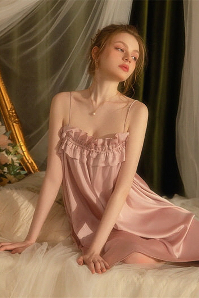 Pink Double Ruffle Silk Nightdress
