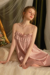 Pink Double Ruffle Silk Nightdress