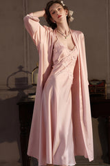 Pink Cross Lace Silk Slip & Robe Set