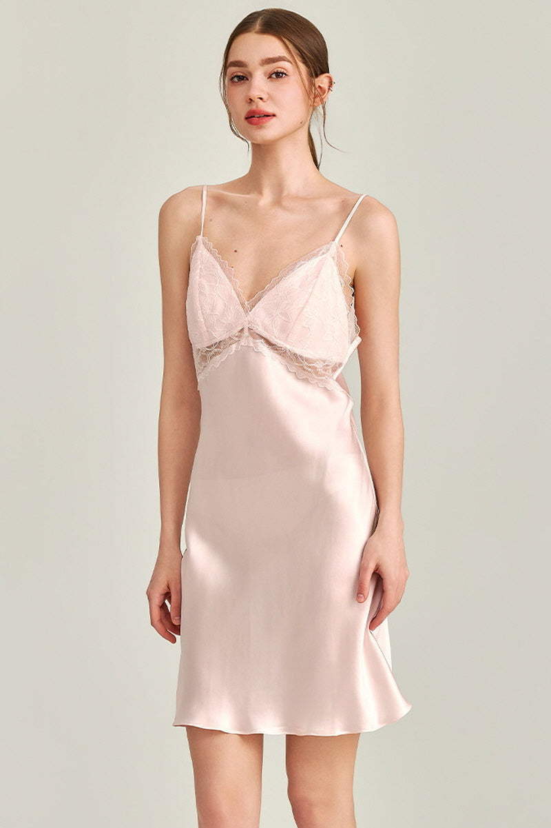 Pink Floral Lace-Trimmed Silk Slip & Robe Set