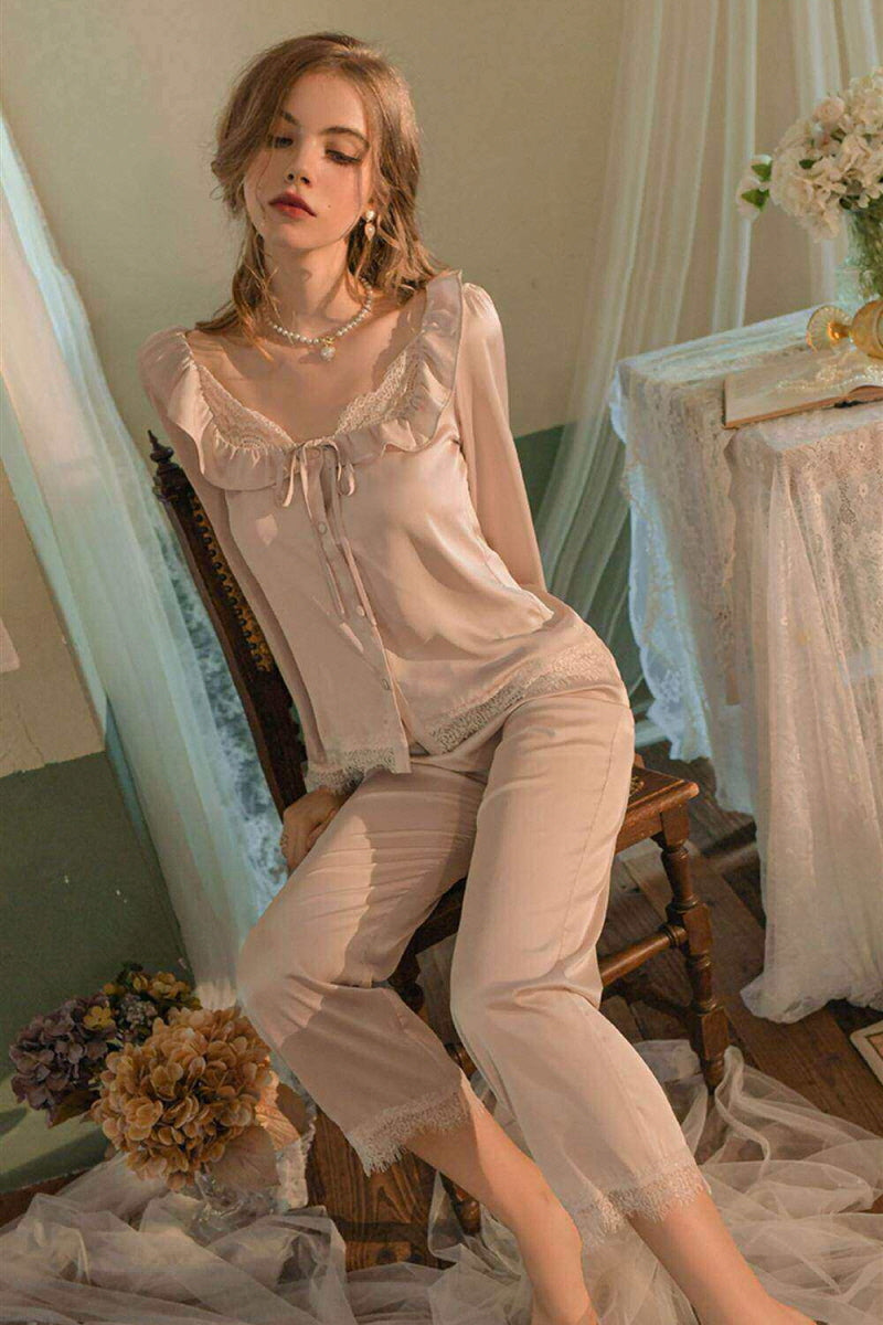 Soft Lace Ribbon Silk Pajama Set