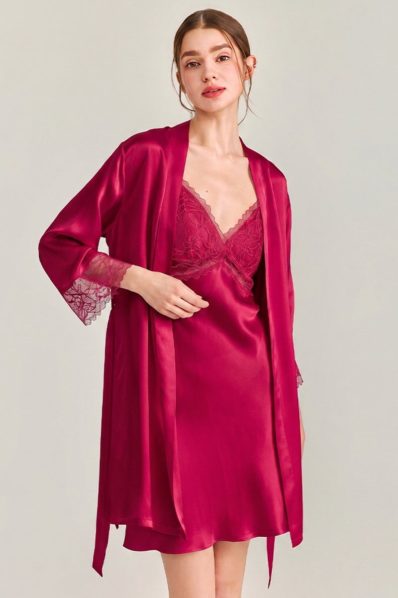 Red Floral Lace-Trimmed Silk Slip & Robe Set