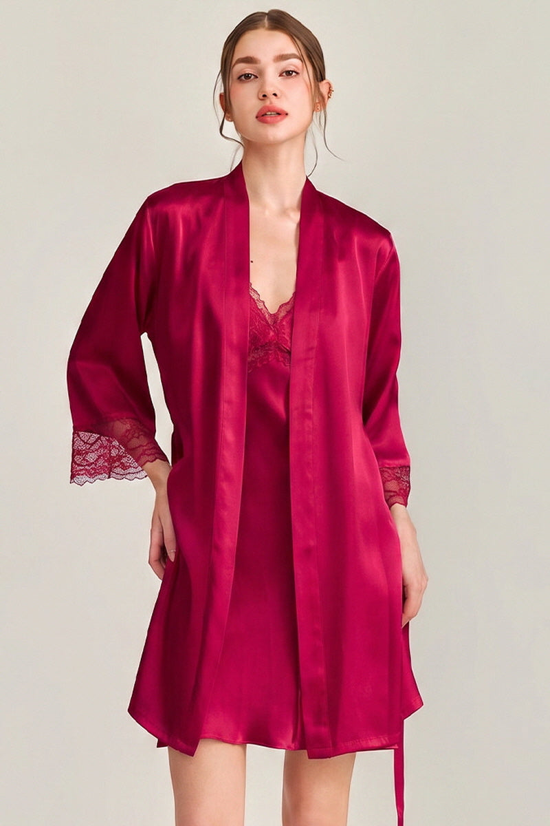Red Floral Lace-Trimmed Silk Slip & Robe Set