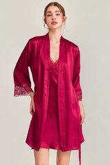 Red Floral Lace-Trimmed Silk Slip & Robe Set
