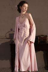 Pink Cross Lace Silk Slip & Robe Set