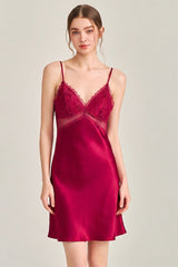 Red Floral Lace-Trimmed Silk Slip & Robe Set