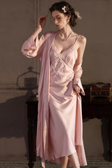 Pink Cross Lace Silk Slip & Robe Set