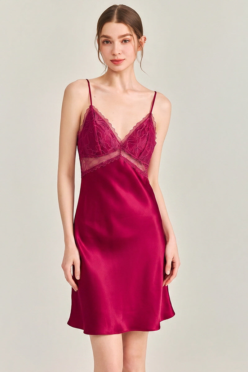 Red Floral Lace-Trimmed Silk Slip & Robe Set