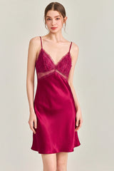 Red Floral Lace-Trimmed Silk Slip & Robe Set