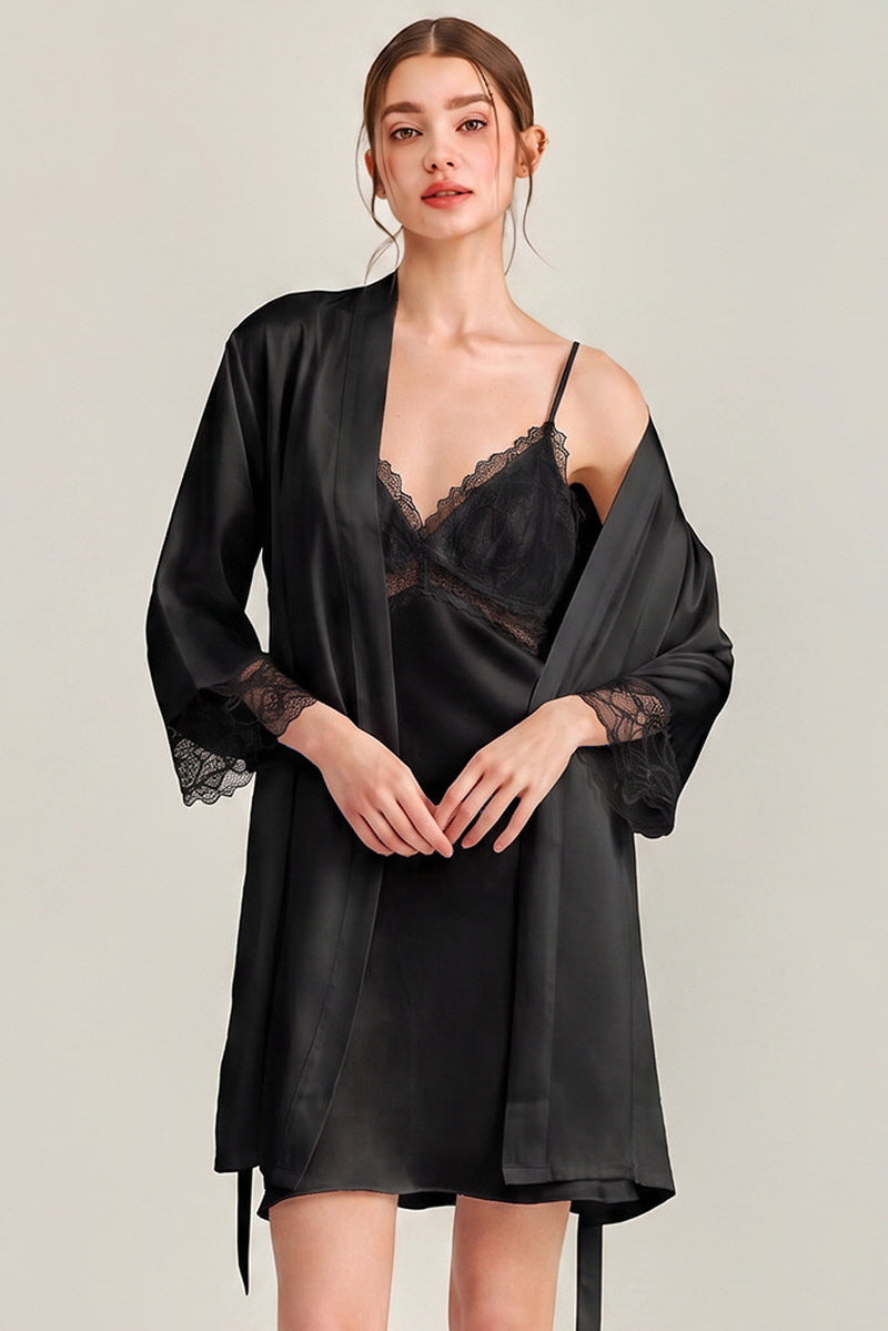 Black Floral Lace-Trimmed Silk Slip & Robe Set
