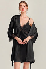 Black Floral Lace-Trimmed Silk Slip & Robe Set
