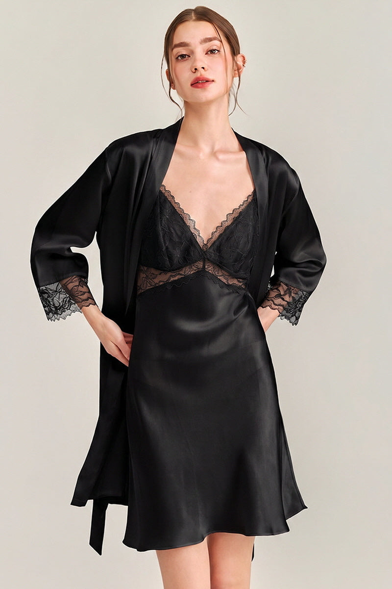 Black Floral Lace-Trimmed Silk Slip & Robe Set