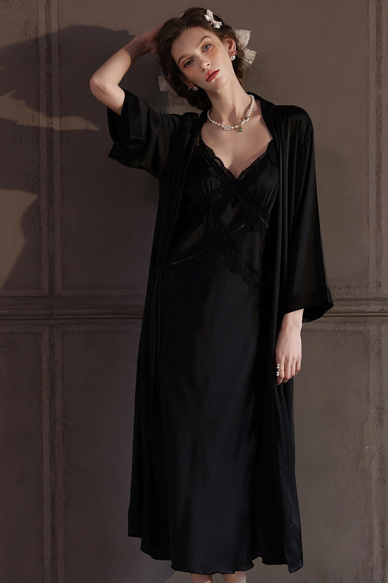 Black Cross Lace Silk Slip & Robe Set
