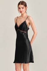 Black Floral Lace-Trimmed Silk Slip & Robe Set