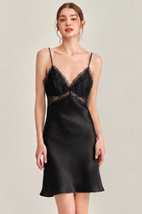 Black Floral Lace-Trimmed Silk Slip & Robe Set