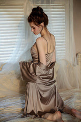 Gray V-Line Scallop Silk Slip & Robe Set