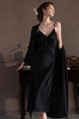 Black Cross Lace Silk Slip & Robe Set