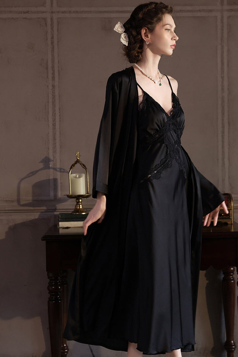 Black Cross Lace Silk Slip & Robe Set