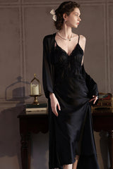 Black Cross Lace Silk Slip & Robe Set