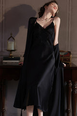 Black Cross Lace Silk Slip & Robe Set