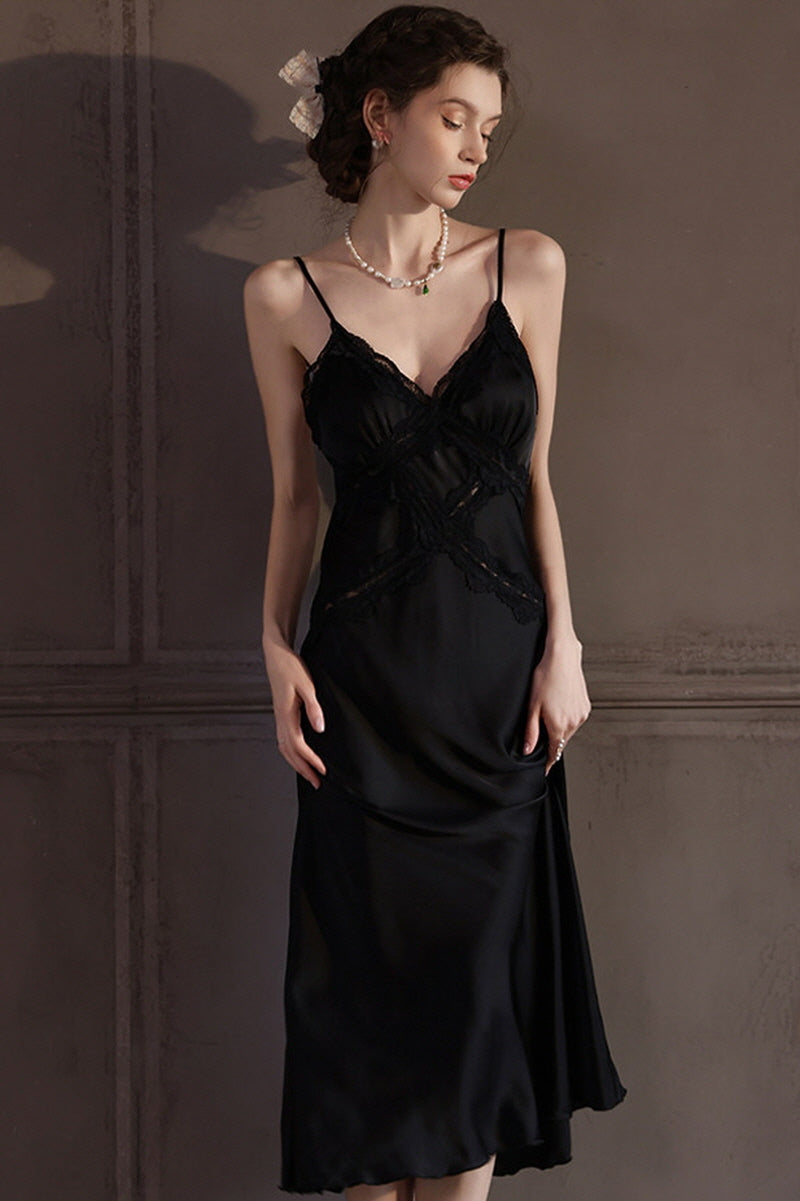 Black Cross Lace Silk Slip & Robe Set