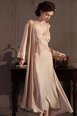 Champagne Cross Lace Silk Slip & Robe Set