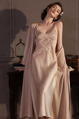 Champagne Cross Lace Silk Slip & Robe Set