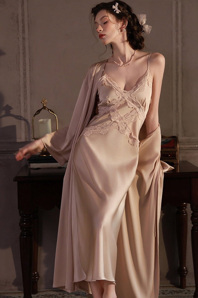 Champagne Cross Lace Silk Slip & Robe Set
