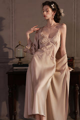 Champagne Cross Lace Silk Slip & Robe Set