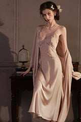 Champagne Cross Lace Silk Slip & Robe Set
