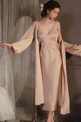Champagne Cross Lace Silk Slip & Robe Set