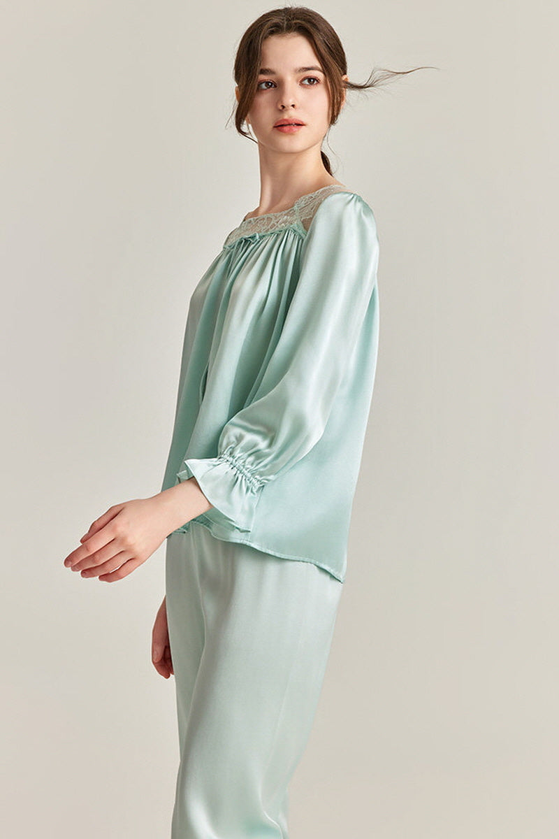 Lace-Shoulder Silk Pajama Set