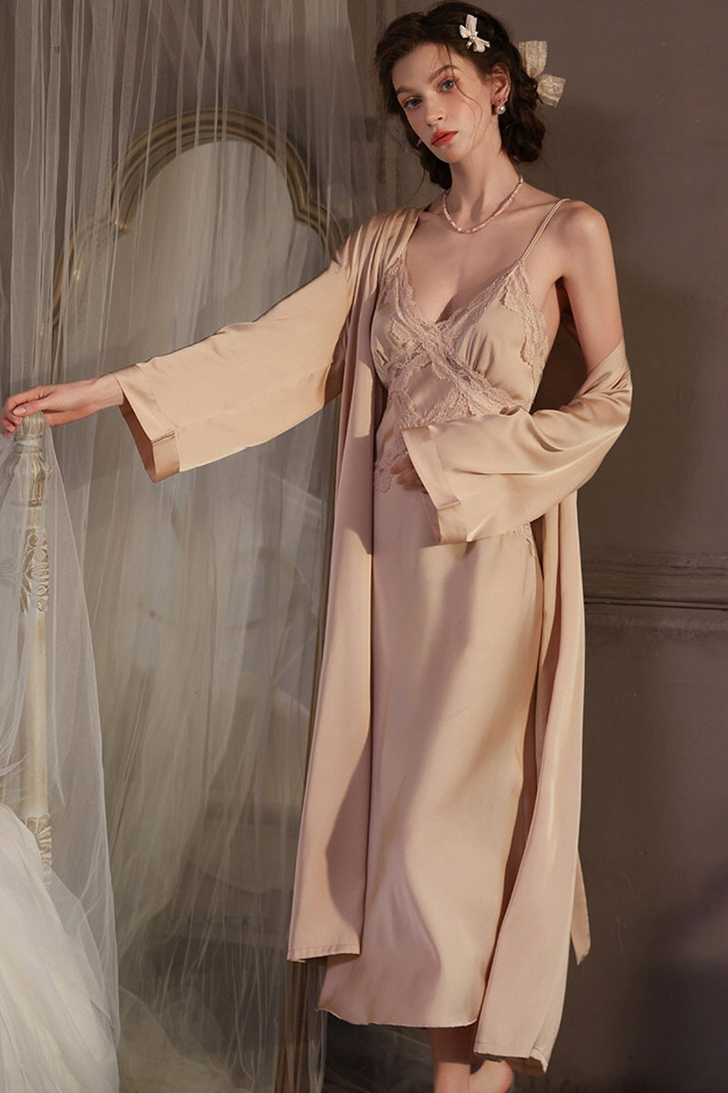 Champagne Cross Lace Silk Slip & Robe Set