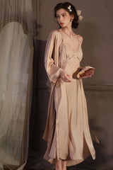 Champagne Cross Lace Silk Slip & Robe Set
