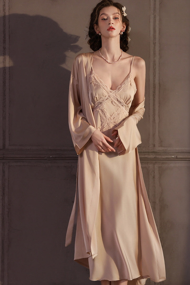 Champagne Cross Lace Silk Slip & Robe Set