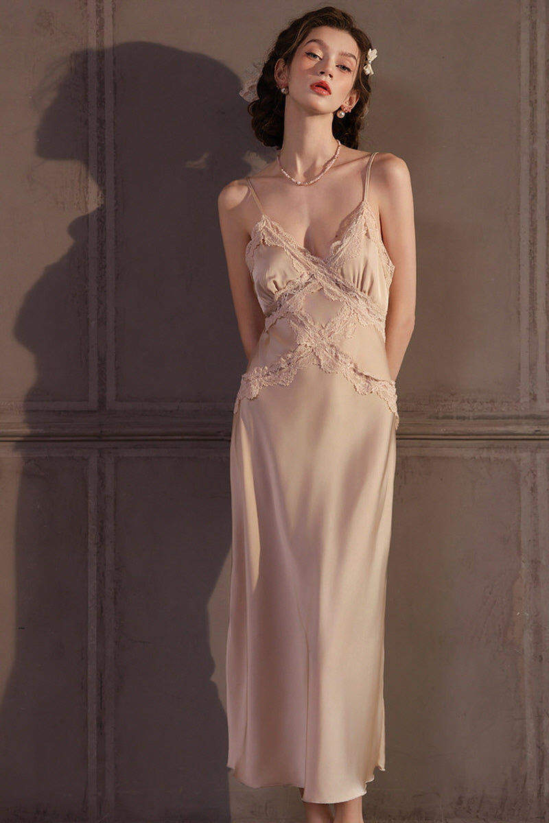 Champagne Cross Lace Silk Slip & Robe Set